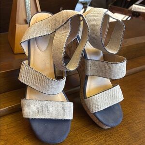 Tan and Blue Wedge Shoes with Cushioned Footbed
